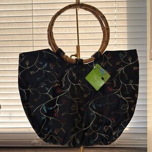 Floral Embroidered Asian Black Tote Bag
